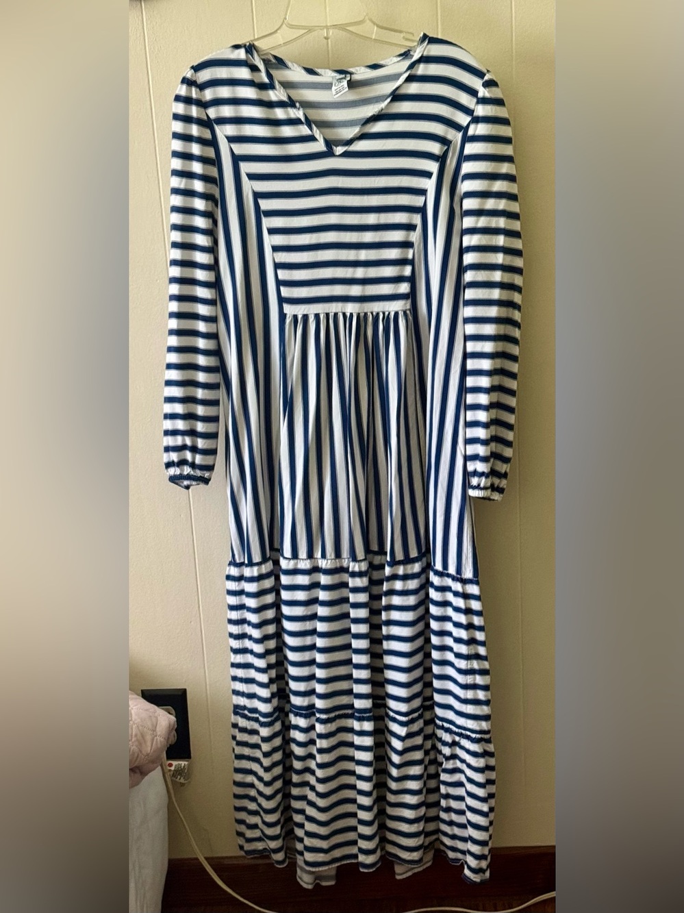 Striped Long Sleeve Maxi Dress in Navy and White